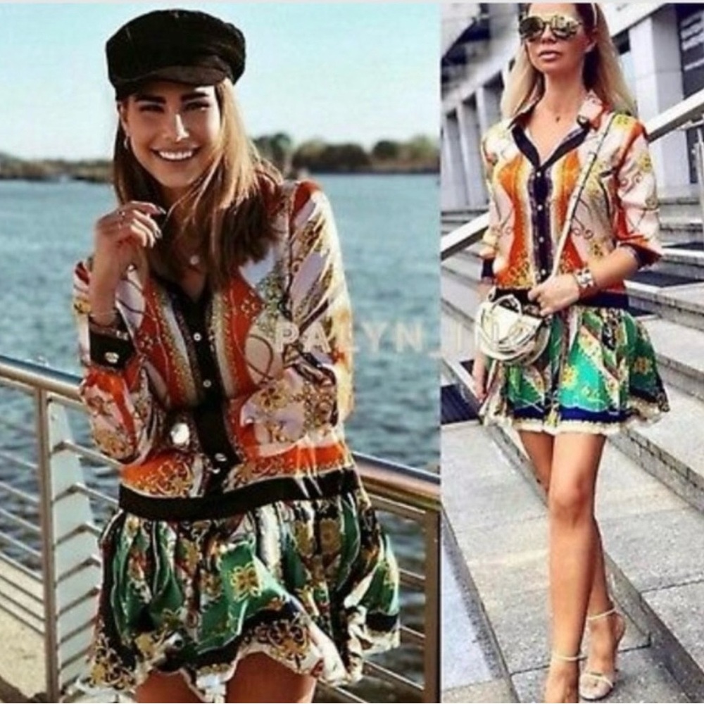 Zara Chain Print Patchwork Pleated Mini Dress Mul… - image 8